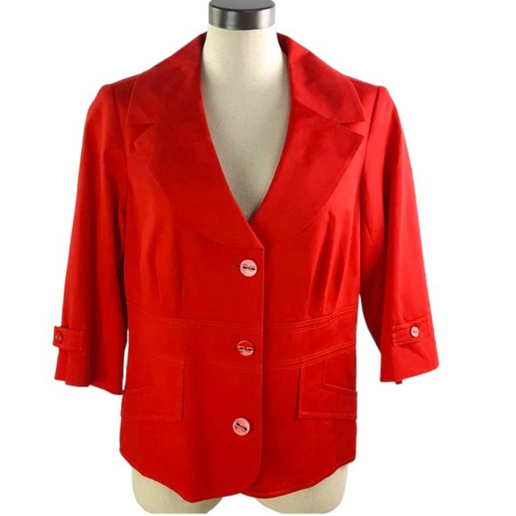 Vex Women sz 42 3 buttons blazer Vibrant Red Notch collar Lined 3/4 sleeves - Picture 1 of 7